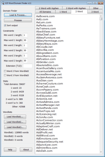Click to view 123 Word Domain Finder 1.1 screenshot