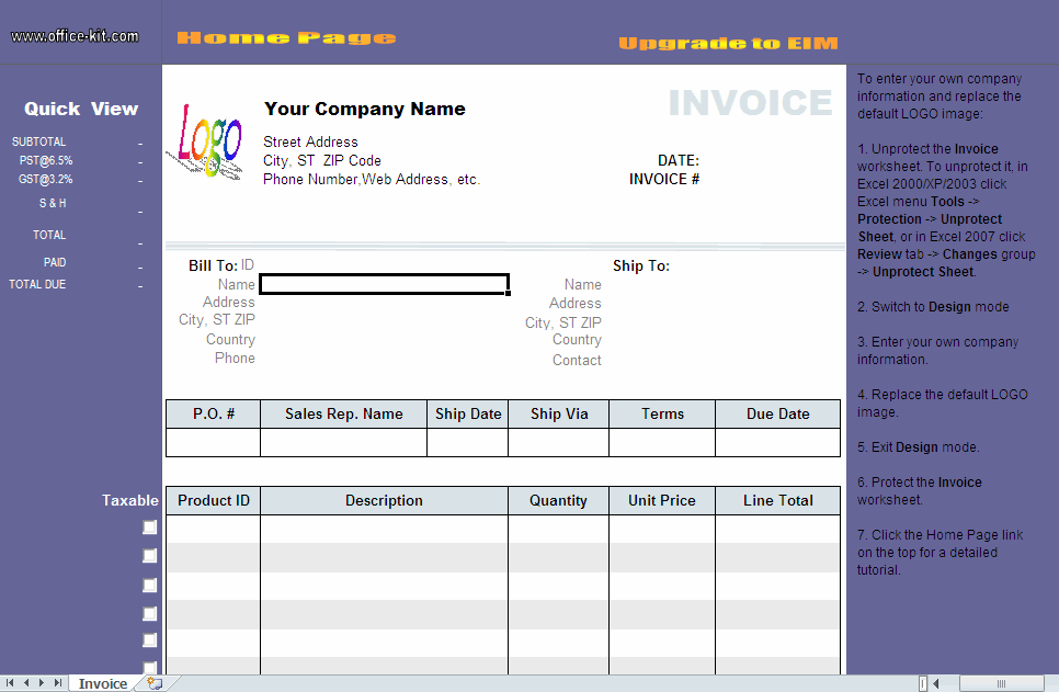 Click to view Excel Invoice Template 1.60 screenshot