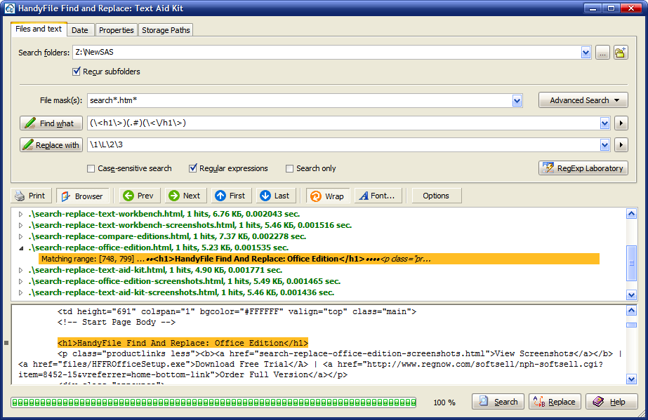 Click to view HandyFile Find and Replace: Text Aid Kit 3.3.1 screenshot