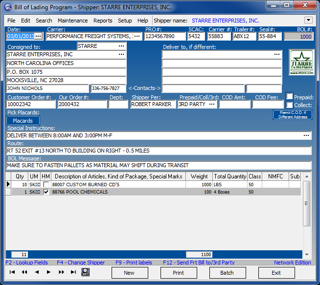 Click to view Star Bill of Lading Program 8.00 screenshot