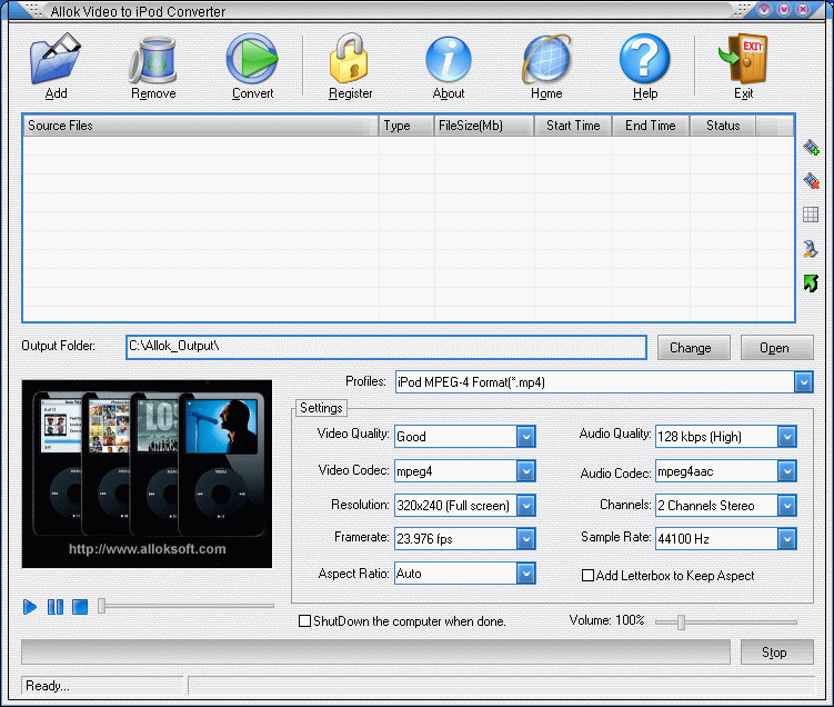 Click to view Allok Video to iPod Converter 6.2.0603 screenshot