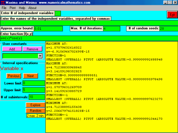 Click to view Maxima and Minima 1.00 screenshot