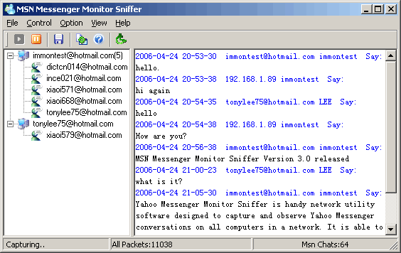 Click to view MSN Messenger Monitor Sniffer 3.5 screenshot