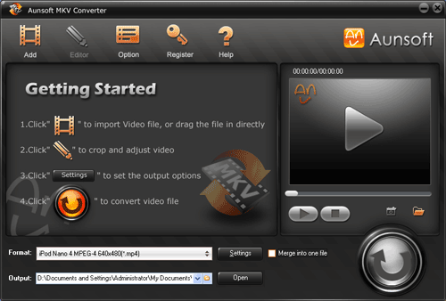 Click to view Aunsoft MKV Converter 1.0.1.2185 screenshot