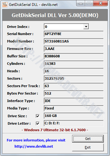 Click to view GetDiskSerial DLL 5.10 screenshot