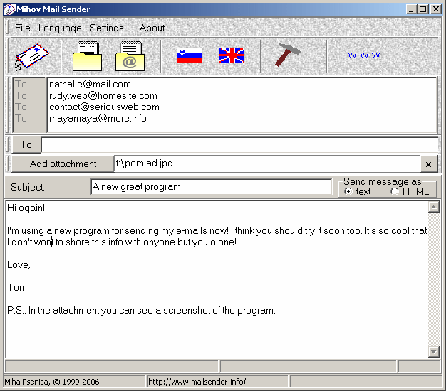 Click to view Mihov Mail Sender 0.8 screenshot